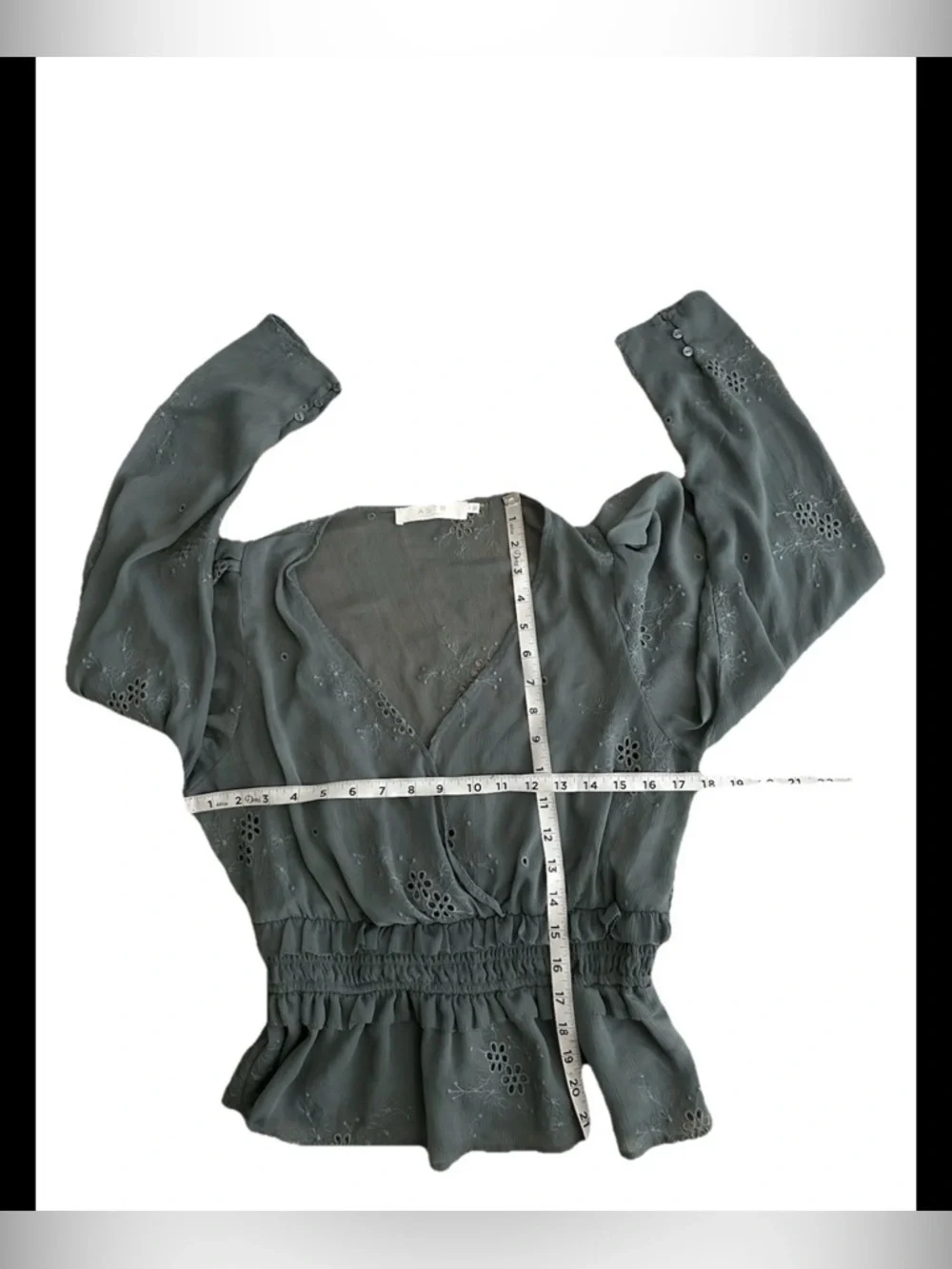 ASTR Blouse Sheer Floral Eyelet Fabric Elastic Waist Long Sleeve Peplum Green L